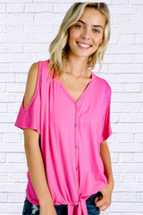 Demetria Cold Shoulder Button Down Tie Top - Plain Pink and Plain Light Blue