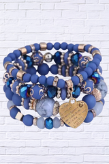 Chic & Meaningful – Blue Beaded Stretch Bracelet Set with Heart Charm