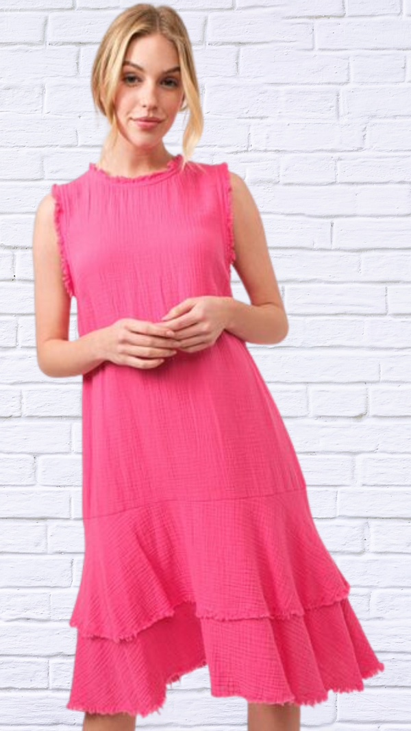 Pink  Washed Fringe Detail Tiered Dress
