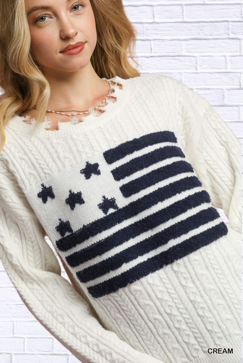 Umgee Distressed American Flag Sweater