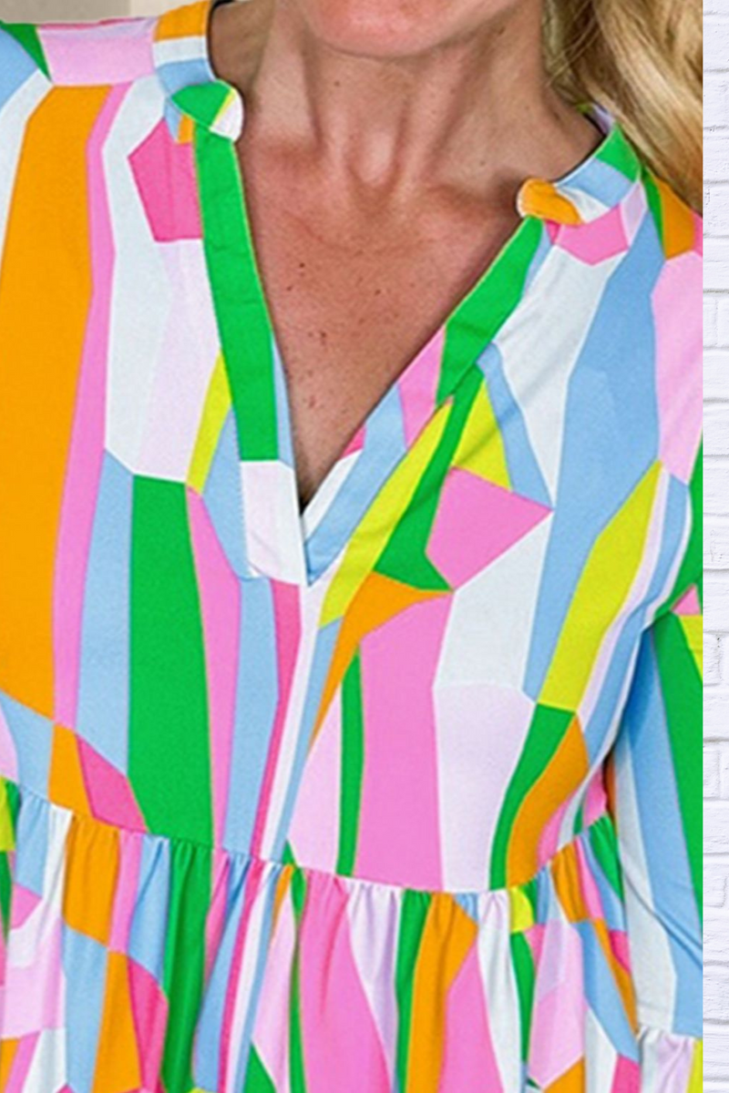 Green Color Block Three-Quarter Sleeve Mini Dress – Bold and Stylish Comfort
