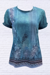 Cutout Printed Round Neck Short Sleeve Blouse