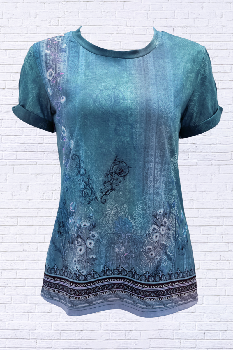 Cutout Printed Round Neck Short Sleeve Blouse