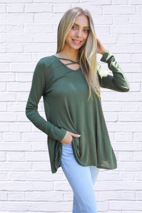 Olive Solid  Long Sleeve Top with Criss Cross Front
