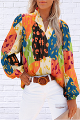 Printed Notched Long Sleeve Blouse