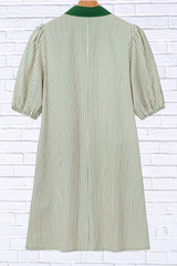 Stripe Color Block Patchwork Shirt Collar Button Down Puff Sleeve Mini Dress