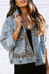Distressed Leopard Drop Shoulder Denim Jacket