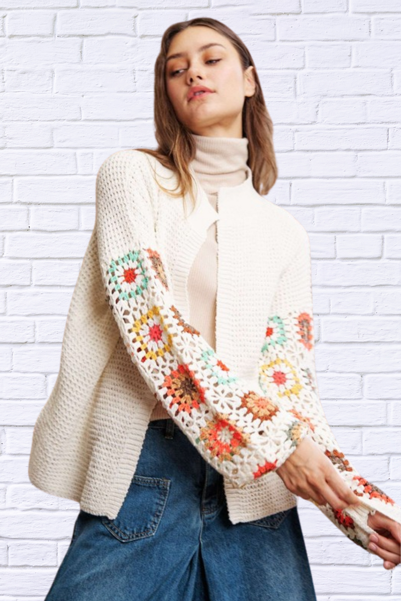 Boho Crochet Floral Printed Long Sleeve Knit Cardigan