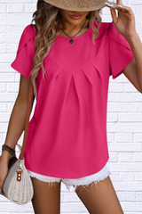 Ruched Round Neck Petal Sleeve Blouse