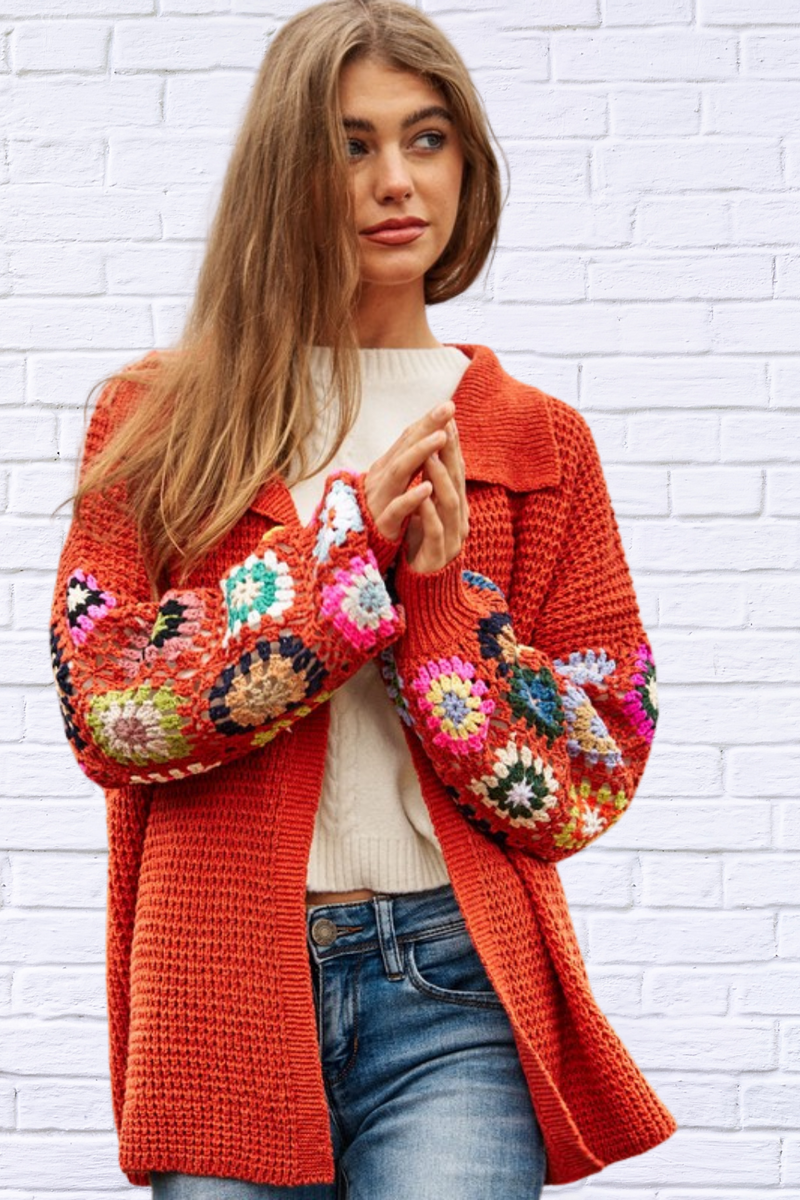 Boho Crochet Floral Printed Long Sleeve Knit Cardigan