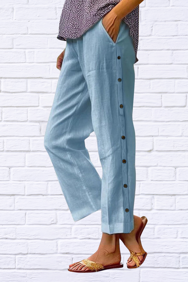Full Size Side Decor Button Casual Wide Leg Pants Plus Size