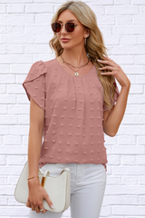 Swiss Dot Round Neck Petal Sleeve Blouse