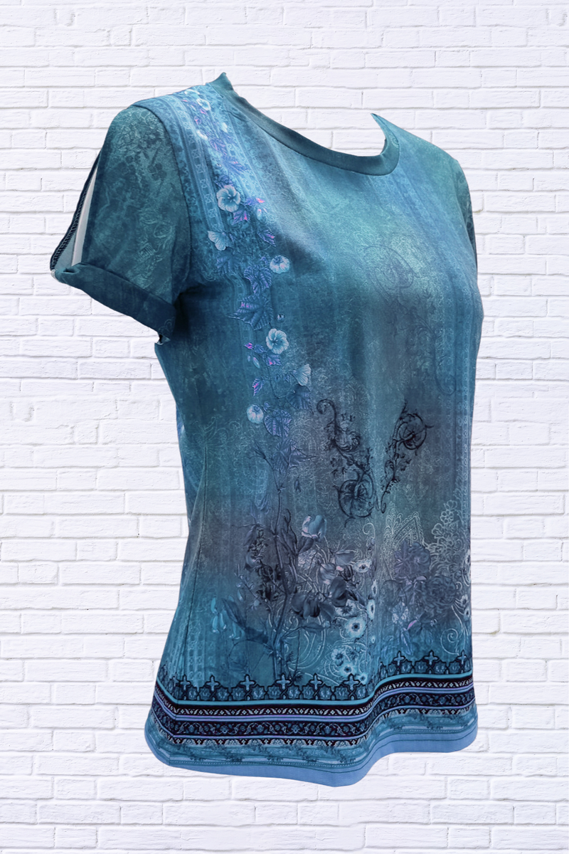 Cutout Printed Round Neck Short Sleeve Blouse