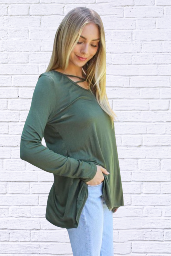 Olive Solid  Long Sleeve Top with Criss Cross Front