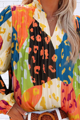 Printed Notched Long Sleeve Blouse