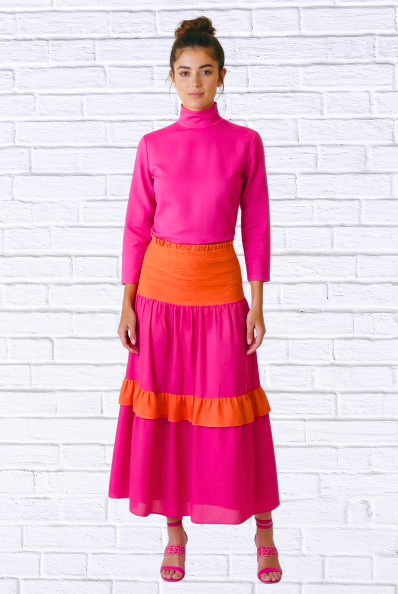 Hot Pink and Orange ColourBlock Smocked Ruffle  Maxi Skirt