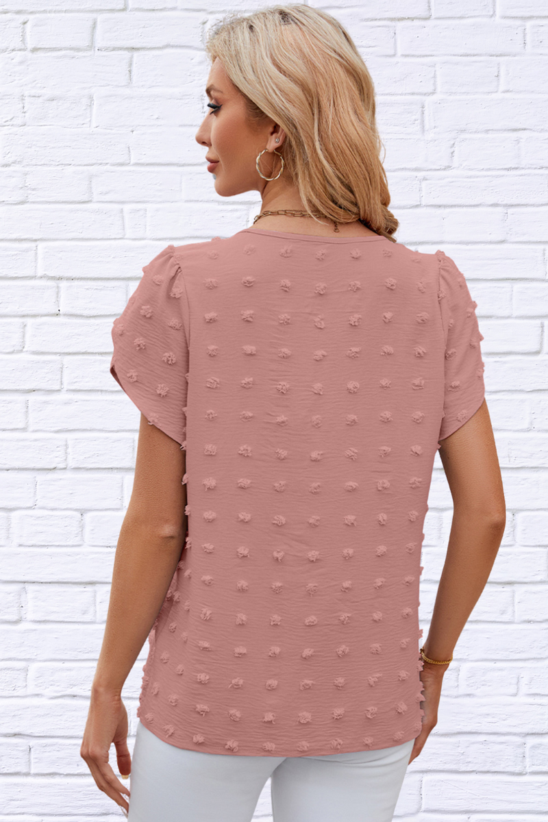 Swiss Dot Round Neck Petal Sleeve Blouse