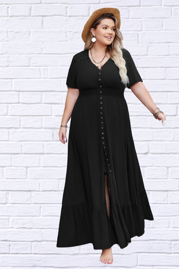 Plus Size Ruffled Hem Button Down V-Neck Short Sleeve Maxi Dress