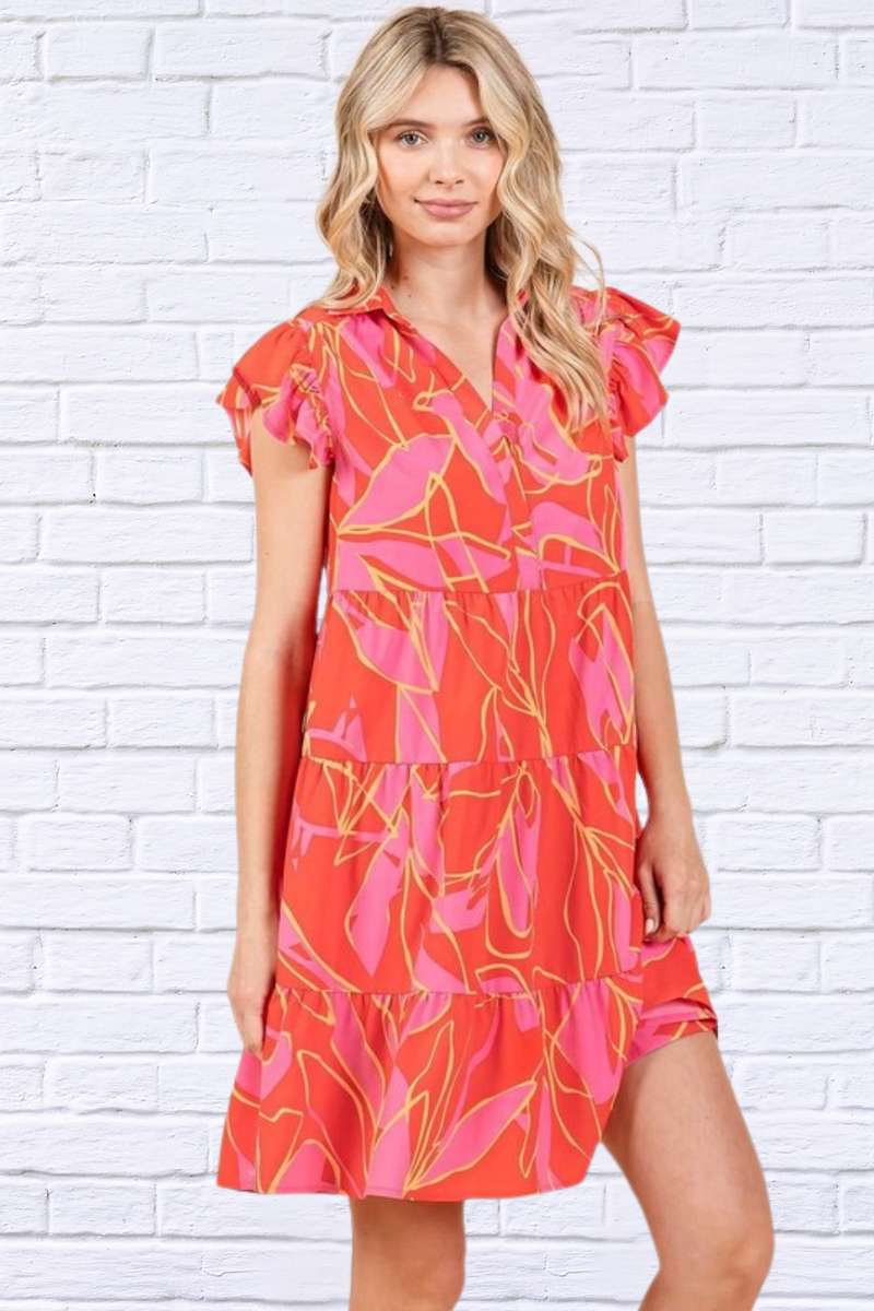 Leaf Print Coral Ruffle Sleeve Tiered Mini Dress