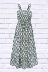 Smocked Printed Square Neck Sleeveless Dress