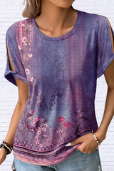 Cutout Printed Round Neck Short Sleeve Blouse