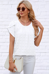 Swiss Dot Round Neck Petal Sleeve Blouse