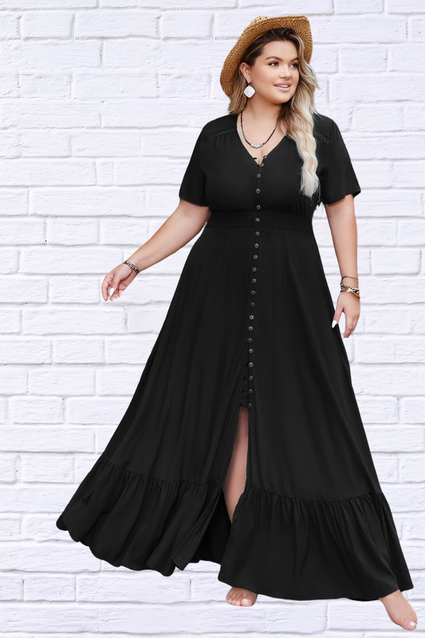 Plus Size Ruffled Hem Button Down V-Neck Short Sleeve Maxi Dress