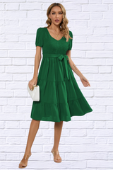 Smocked Tie Front Short Sleeve Tiered Dress