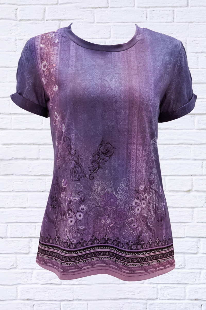 Cutout Printed Round Neck Short Sleeve Blouse