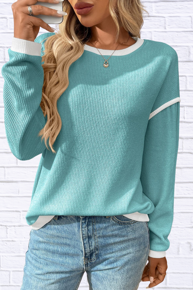 Ribbed Contrast Trim Long Sleeve Top