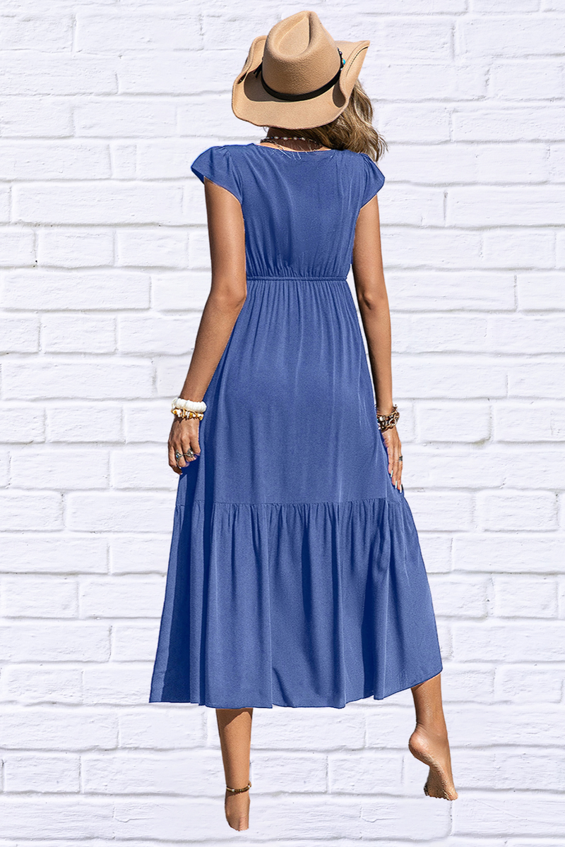 Blue Embroidered Square Neck Cap Sleeve Dress – Elegance in Every Stitch