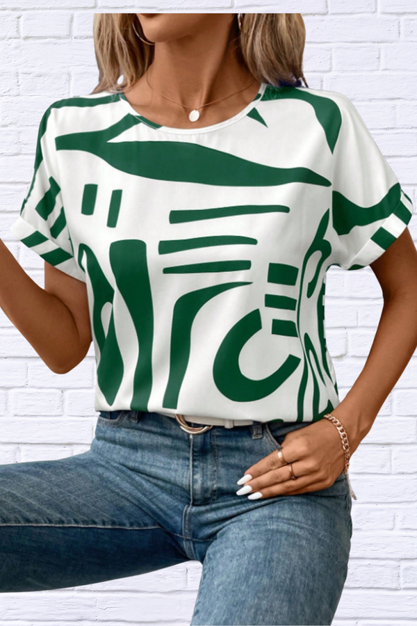 Contrast Round Neck Short Sleeve Blouse