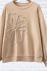 🤎 Beige Embroidered Flower Pattern Drop Shoulder Sweatshirt