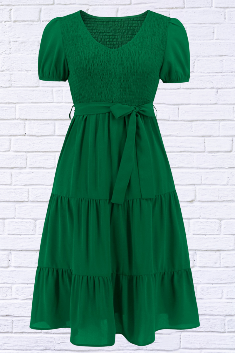 Smocked Tie Front Short Sleeve Tiered Dress