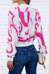 Printed  Pink and White Zip Up Cropped Jacket