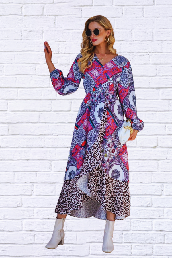 Leopard Ruffle Trim V-Neck Printed Dress