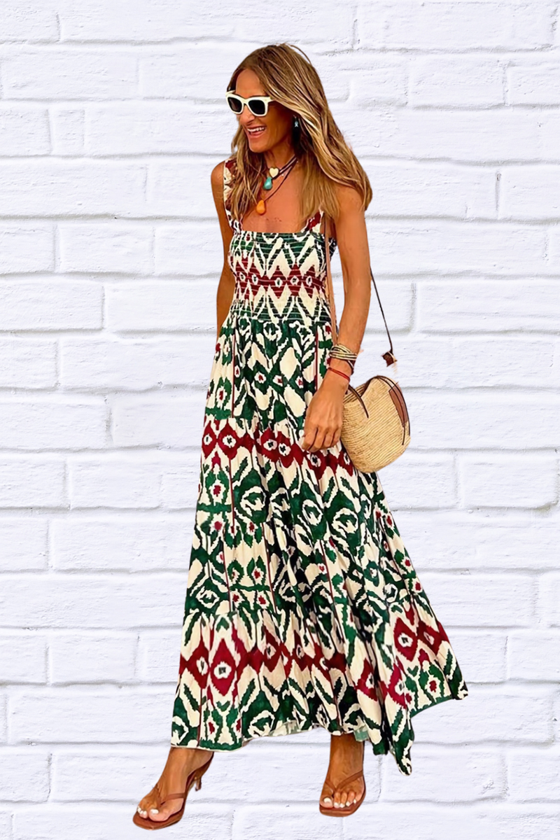 Smocked Printed Square Neck Sleeveless Dress