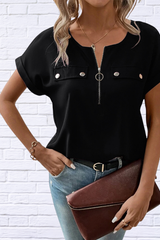 Casual Zipper Front Short Sleeve Blouse
