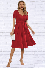 Smocked Tie Front Short Sleeve Tiered Dress