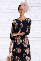 🌸 Navy Floral Midi Dress with Belt and Side Pockets