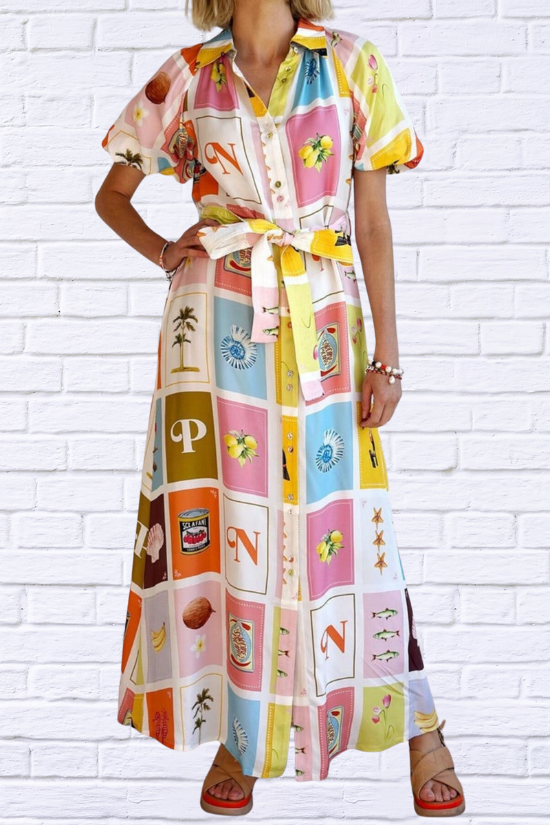 Colorful Print Tie Waist Maxi Shirt Dress