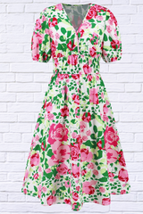 Ruched Printed Surplice Short Sleeve Dress