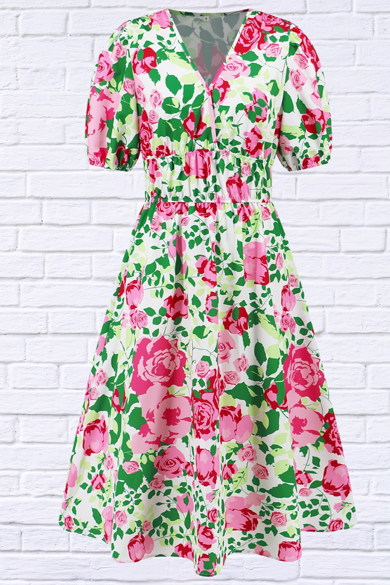Ruched Printed Surplice Short Sleeve Dress