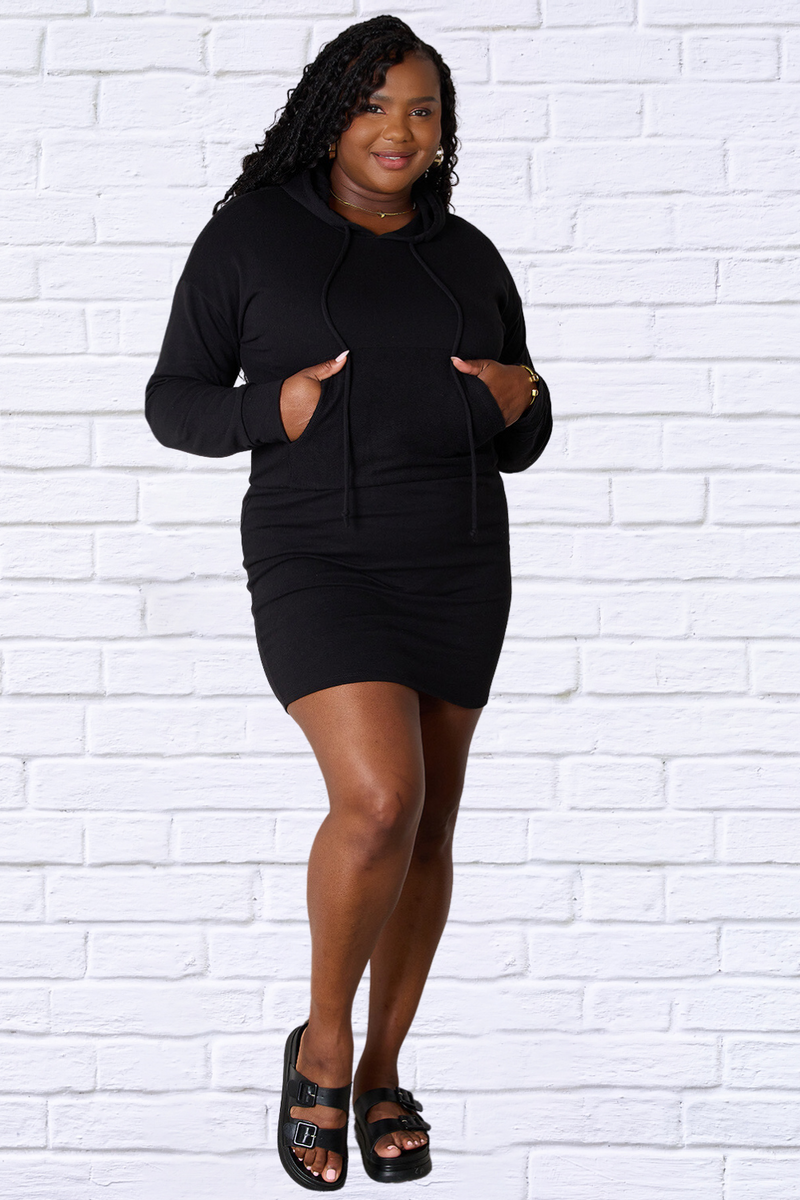 Black Culture Code Full Size Drawstring Long Sleeve Hooded Dress