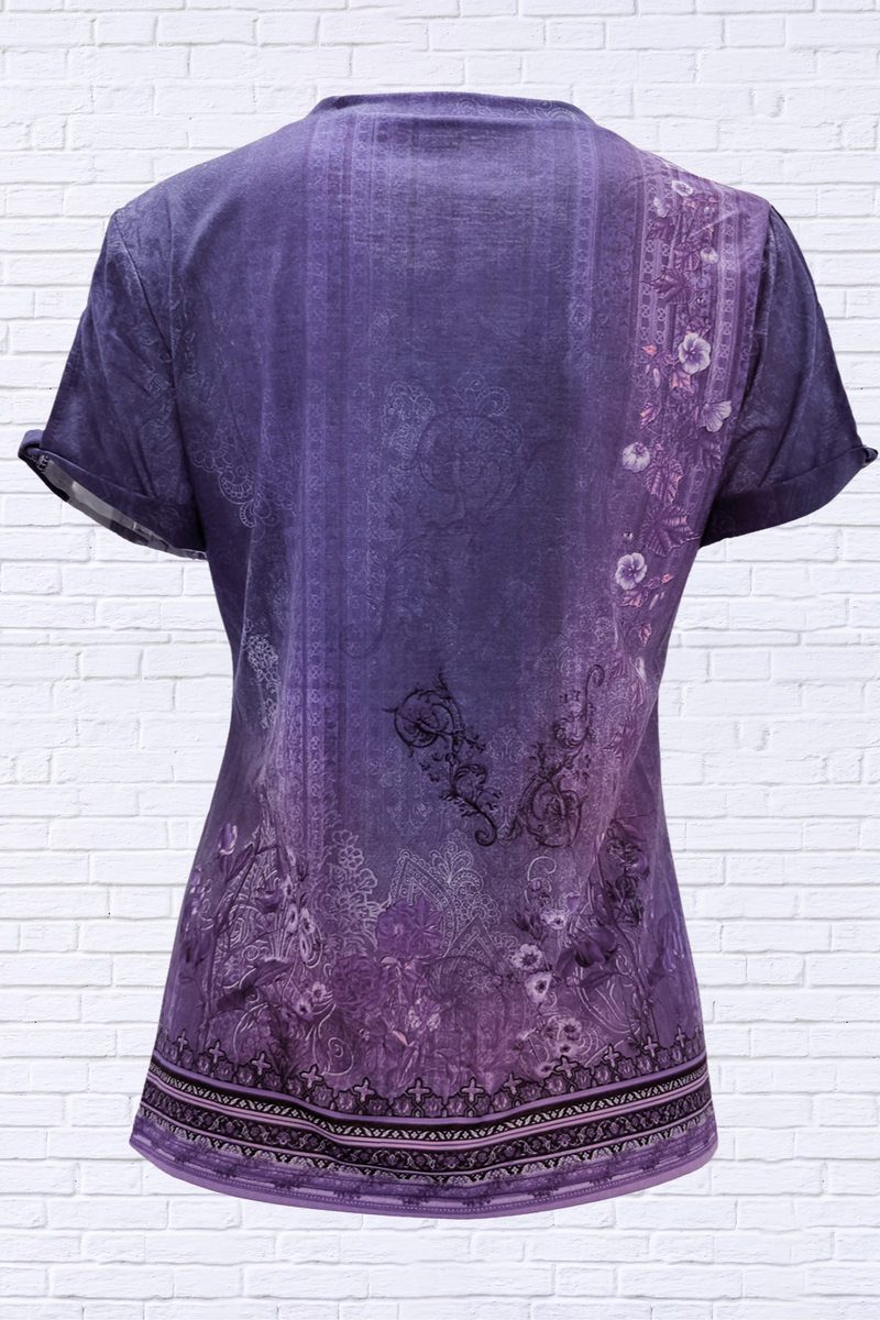 Cutout Printed Round Neck Short Sleeve Blouse