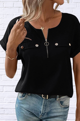 Casual Zipper Front Short Sleeve Blouse