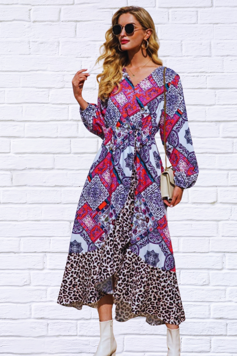Leopard Ruffle Trim V-Neck Printed Dress