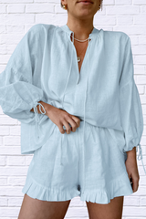 Playful & Polished – Tie Neck Balloon Sleeve Blouse and Shorts Set