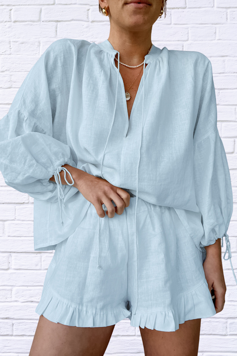 Playful & Polished – Tie Neck Balloon Sleeve Blouse and Shorts Set