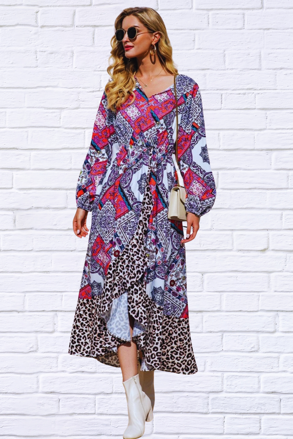 Leopard Ruffle Trim V-Neck Printed Dress